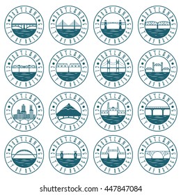 Vintage labels set of Portland , Oregon , USA . Retro emblems of bridges .