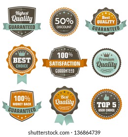 Vintage labels set - premium quality guaranteed, best choice, 50% discount, etc. Vector design elements.