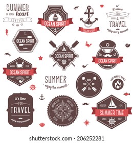 Vintage labels set. Summer and traveling collection. Vector illustration. Marine symbols. 