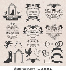 Vintage labels set for wedding invitation. Vector badges set of wedding design, label retro ribbon and decoration