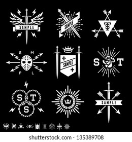 vintage labels with shield, sword, arrow, crown