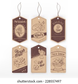 Vintage labels with stripe with assorted hand drawn food items.