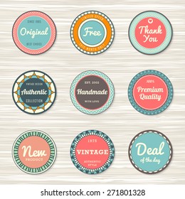 Vintage labels template set: original, premium quality, deal of the day, authentic, free, handmade, new. Retro badges for your design on wooden background. Vector illustration