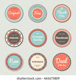 Vintage labels template set: original, premium quality, deal of the day, authentic, free, handmade, new. Retro badges for your design. Vector illustration