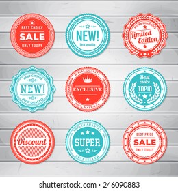 Vintage Labels template set. Retro badges for your design on wooden background. Vector illustration.