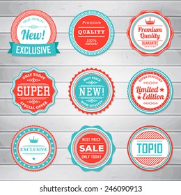 Vintage Labels template set. Retro badges for your design on wooden background. Vector illustration.