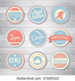 Vintage Labels template set: super, original, new, best choice, travel. Retro badges for your design on wooden background. Vector illustration. 