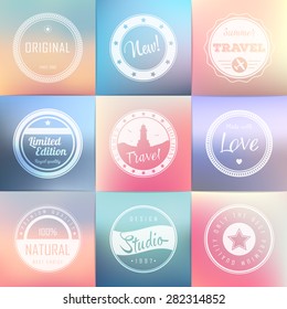 Vintage labels template set: super, original, new, best choice, travel. Retro badges for your design on blurred backgrounds. Vector illustration.