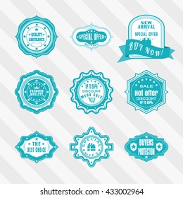 Vintage labels vector set. Retro blue and white badges vector set. Vector set of blue and white labels for advertisement.