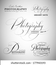Vintage labels with word photography written in calligraphic styles