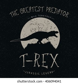 Vintage label.T-Rex growls at the moon.Typography design for t-shirts 