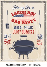 Vintage Labor Day barbecue party background. Poster, brochure or flyer template. Vector illustration.