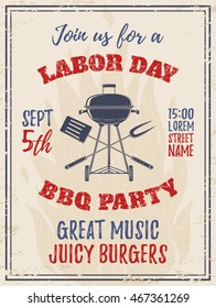 Vintage Labor Day BBQ party background. Barbecue Poster, brochure or flyer template. Vector illustration.