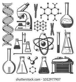 Vintage laboratory research elements set with flasks tubes microscope dna molecular structure cells kit of instruments isolated vector illustration 