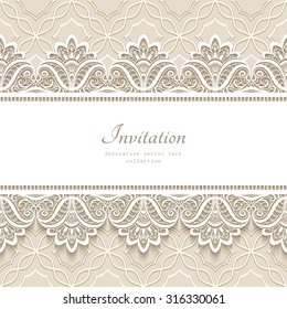 Vintage lace background with seamless border ornament, elegant greeting card or wedding invitation template, vector eps10