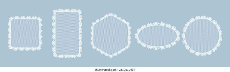 Vintage lace borders and ornate frames in square, oval, and round shapes. Elegant doily patterns with floral embroidery details. Ideal for romantic greeting cards and invitations.
