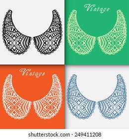 Vintage lace collar, colorful collars collection, retro style, lace pattern set, hand drawn artwork, isolated elements for card design on white background