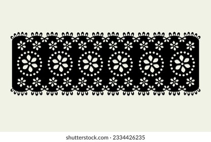 vintage lace cotton eyelet trim design vector. floral embroidery decorative scallop border. laser cut detail ornament for fabric border. paper cut out technical template.