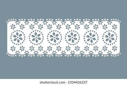 vintage lace cotton eyelet trim design vector. floral embroidery decorative scallop border. laser cut detail ornament for fabric border. paper cut out technical template.