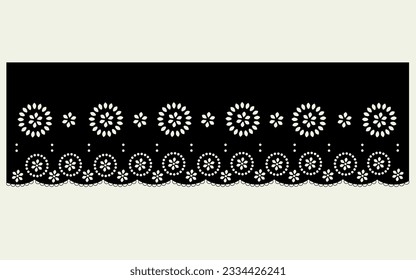 vintage lace cotton eyelet trim design vector. floral embroidery decorative scallop border. laser cut detail ornament for fabric border. paper cut out technical template.