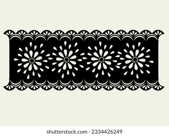 vintage lace cotton eyelet trim design vector. floral embroidery decorative scallop border. laser cut detail ornament for fabric border. paper cut out technical template.