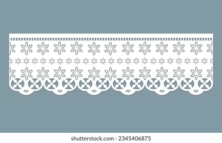 vintage lace cotton eyelet trim design vector. floral embroidery decorative scallop border. laser cut detail ornament for fabric border. paper cut out technical template.
