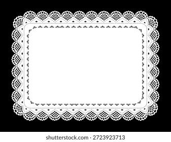 Vintage lace doily rectangle place mat or picture frame, decorative border, white on black. Copy space for pictures, albums, scrapbooks, holidays. The EPS vector file can be resized to any dimension without losing quality.  

