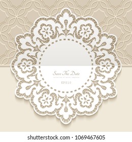 Vintage lace doily, round frame with cutout paper border, ornamental vector decoration for wedding invitation or save the date card design, eps10