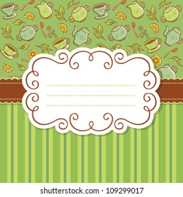 Vintage lace frame for invitation or greeting card. Colorful backgrounds with tea things