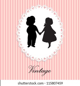 Vintage lace frame with silhouette of two cute babies on the love date