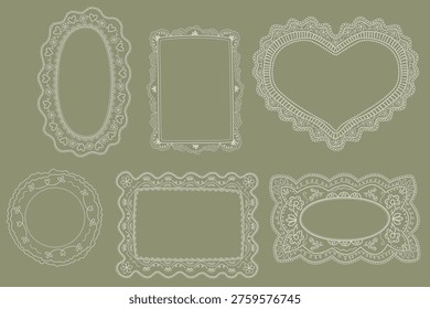 Vintage lace frames collection in vector. Hand drawn coquette lace doilies set, whimsical wedding borders, lace clipart. Elegant decorative romantic Victorian isolated elements.