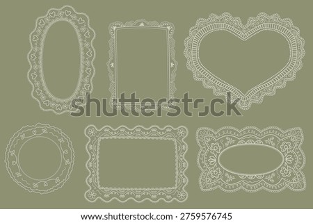 Vintage lace frames collection in vector. Hand drawn coquette lace doilies set, whimsical wedding borders, lace clipart. Elegant decorative romantic Victorian isolated elements.