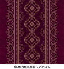 Vintage lace golden border on red. Ornate element for design. Ornamental lace pattern. Traditional floral golden decor.