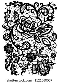 Vintage lace guipure with rose and abstract flowers on white background. Hand drawn design illustration.