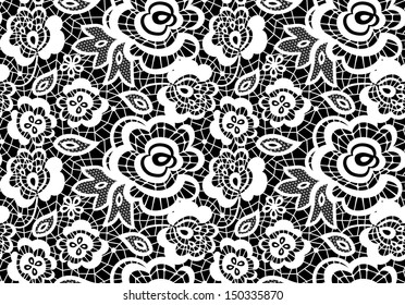 vintage lace guipure seamless pattern with abstract flowers on black background