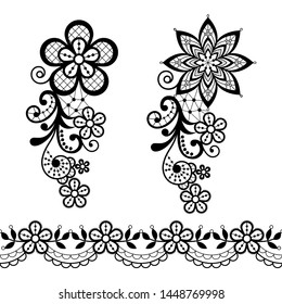 Vintage lace half single vector pattern set - black floral lace design collection, retro openwork on white background.
Retro monochrome detailed ornaments - wedding or Valentine's Day lace decorations