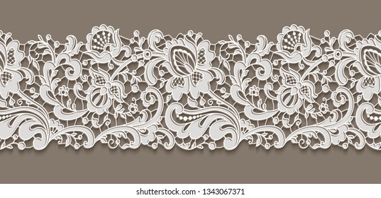 Vintage lace ribbon with floral ornament, white lacy border pattern on neutral background, elegant vector decoration for wedding invitation card design