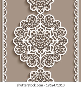 Vintage lace ribbon with round ornaments. Paper cut border patterns. Elegant lace decoration for wedding invitation card design. Vector template for laser cutting. 