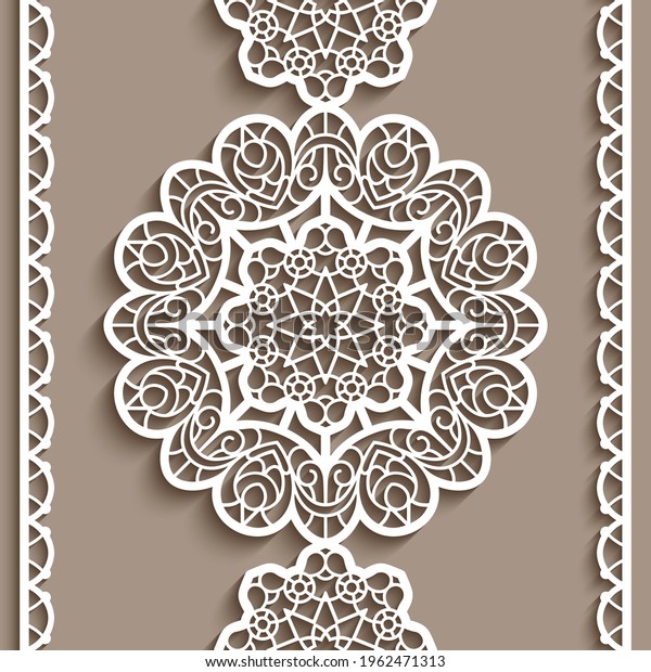 Vintage lace ribbon with\
round ornaments. Paper cut border patterns. Elegant lace decoration\
for wedding invitation card design. Vector template for laser\
cutting. 