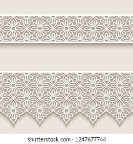 Vintage lace ribbons, cut out paper border patterns, openwork vector ornaments, elegant vector decoration for wedding invitation design