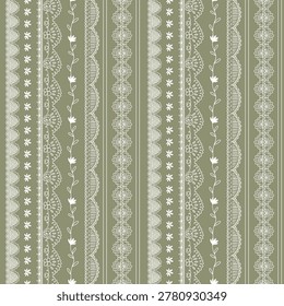 Vintage lace seamless pattern background. Romantic vertical striped textile design, repeat background, floral cottagecore wallpaper. Vector hand drawn coquette whimsical wedding print Victorian design