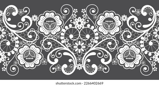 Vintage lace seamless vector long pattern, ornamental repetitive design with flowers and swirls in white on gray background. Beautiful laces frame, retro textile decoration with repetitive graphics 