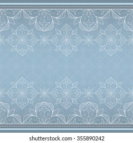 Vintage lace white border on gray.  Ornate element for design and place for text. Ornamental lace pattern for wedding invitations and greeting cards. Traditional floral decor.