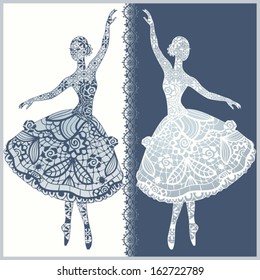 Vintage lacy background with two ballerinas. Vector design.