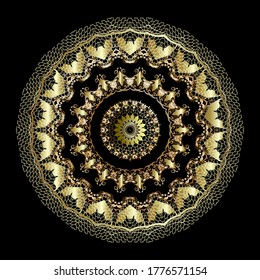 Vintage lacy gold 3d mandala pattern. Baroque style floral round lace ornament. Elegance decorative  flowers, leaves. Ornamental textured vector background. Beautiful luxury design with grid texture.