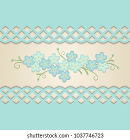 Vintage lacy ornamental background with forget-me-not flowers. 3d cutout border. Retro styled wedding invitation or greeting card design template for laser cutting. Vector illustration