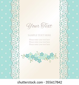 Vintage lacy ornamental ribbon with floral decoration on dotted blue background. Tape with cutout borders. Vector illustration EPS10
