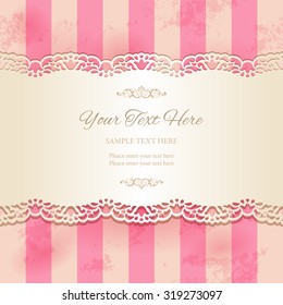 Vintage lacy ornamental ribbon on striped pink background. Tape with cutout borders on old stained paper texture. Vector illustration EPS10