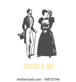 Vintage lady and gentleman style  illustration. Black and white vector objects