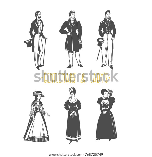 ビンテージの女性と紳士風のイラスト 白黒のベクター画像オブジェクト のベクター画像素材 ロイヤリティフリー